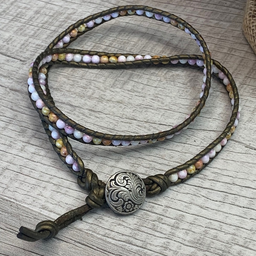 Boho Beaded Leather Wrap Bracelet Multi Color Pastel Bronze 22 Inch 5425